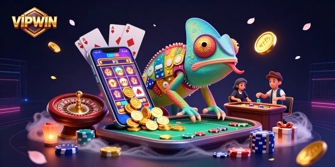 Experience VIPWIN's thrilling gaming environment with a vibrant chameleon casino owner amidst lively games and colorful elements.
