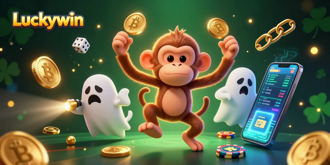 Experience Luckywin's haunted casino with a mischievous monkey juggling golden coins.