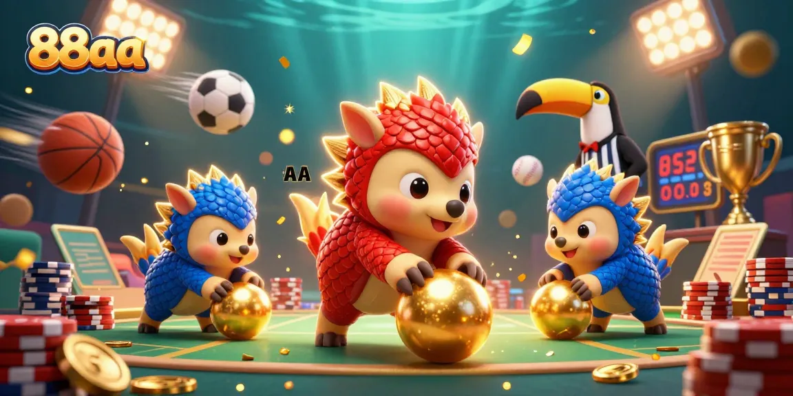 88aa pangolins compete for poker chips in a vibrant casino scene filled with dynamic sports elements.