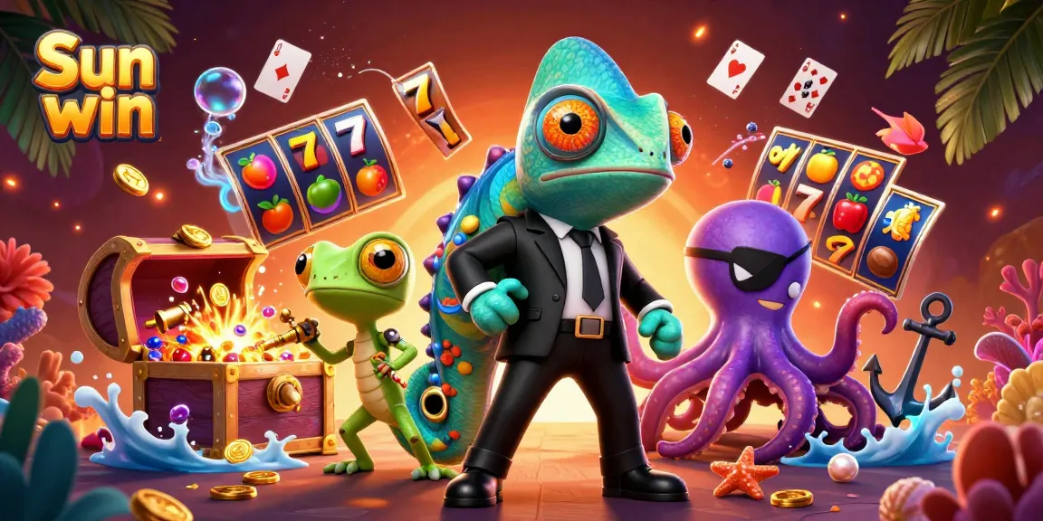 Spin the reels with Sun win's vibrant 3D illustration showcasing dynamic gambling elements.