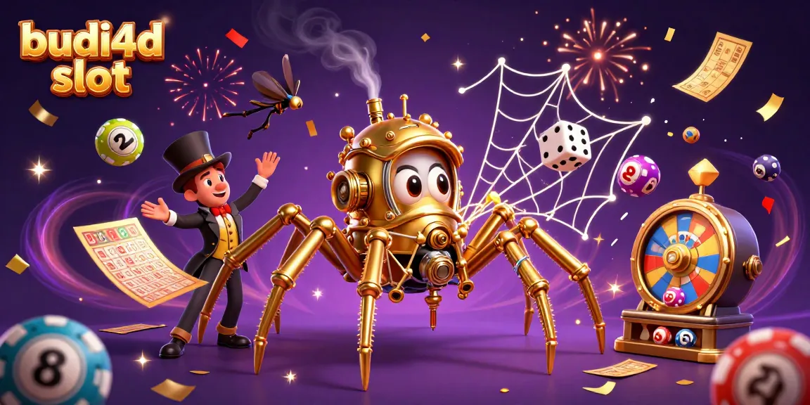 Experience the thrill of budi4d slot with a dynamic illustration featuring a golden spider and colorful lottery elements.