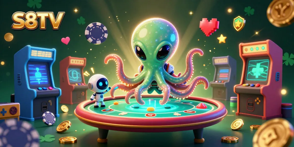 S8TV engages players with an exciting 3D scene featuring a holographic poker table operated by an alien octopus and a robot.