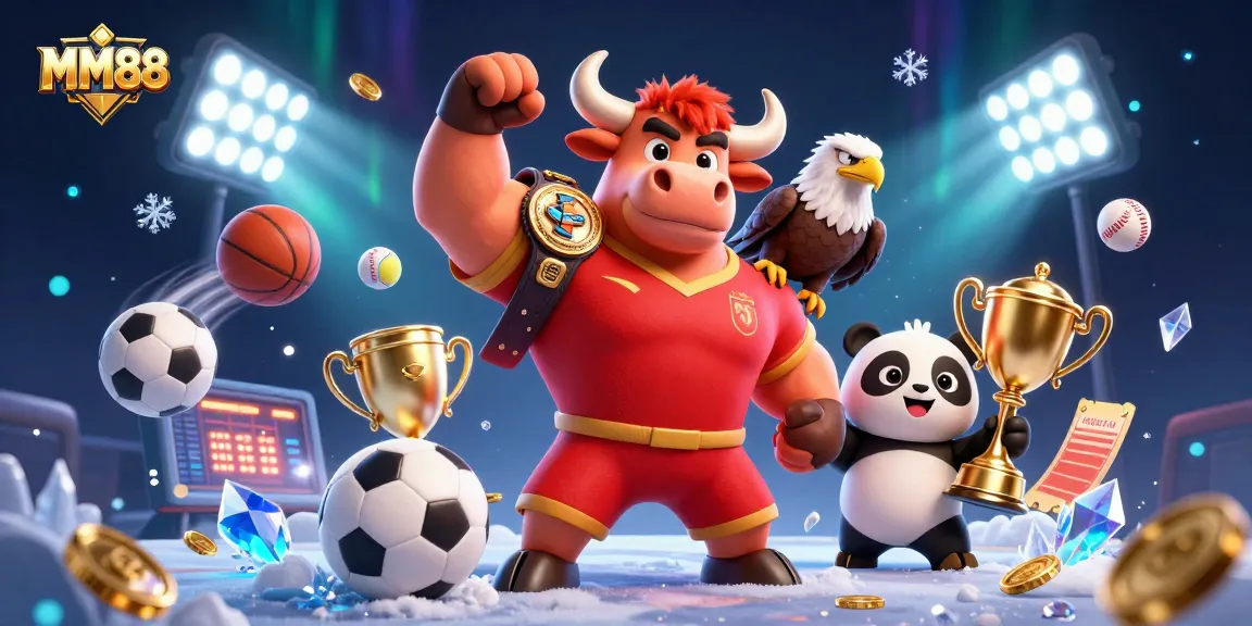Experience the thrill of MM88 with a vibrant 3D casino scene featuring dynamic sports elements and mascot characters.