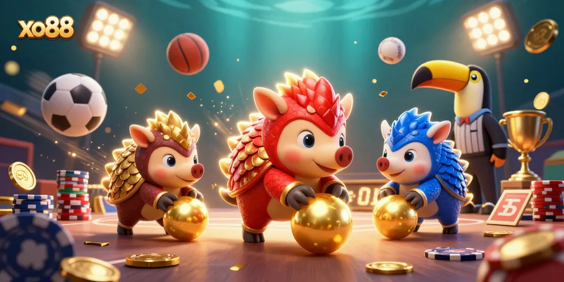 Experience the excitement of xo88 with rival pangolins bowling through poker chips in an energetic casino scene.