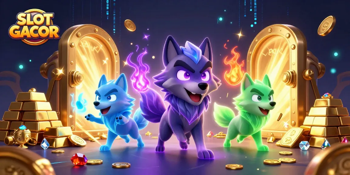 SLOT GACOR captivates players with dynamic scenes of thrilling slot adventures, showcasing vibrant golds and treasures.