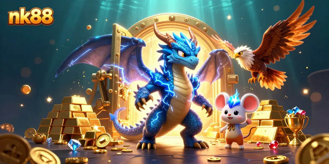 Engage in thrilling games at nk88 with a powerful dragon, hawk, and treasure-rich scene.