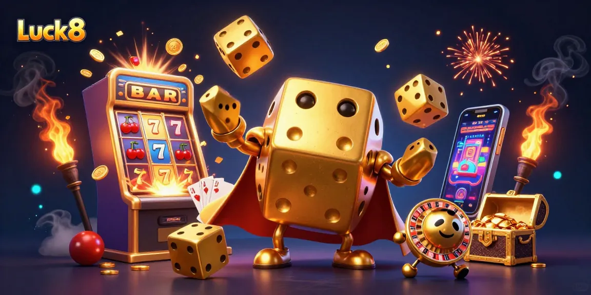 Luck8's golden dice golem juggles winning symbols in a vibrant casino setting.