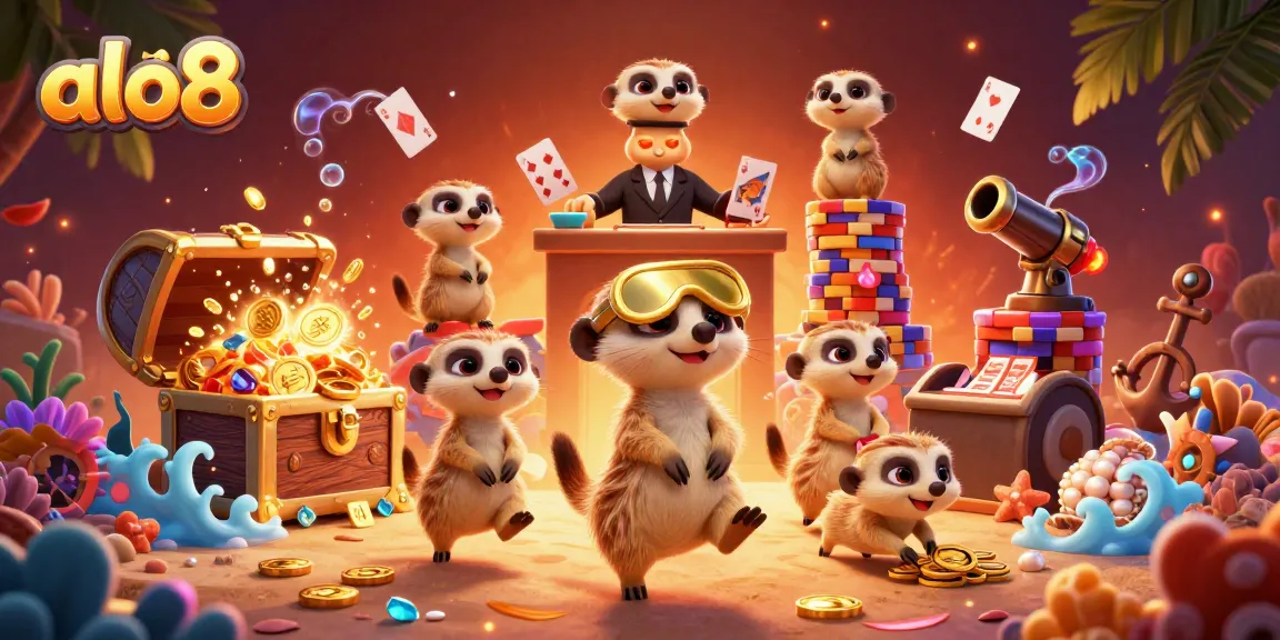 alo8 showcases a vibrant casino scene with playful meerkats engaging in various games.