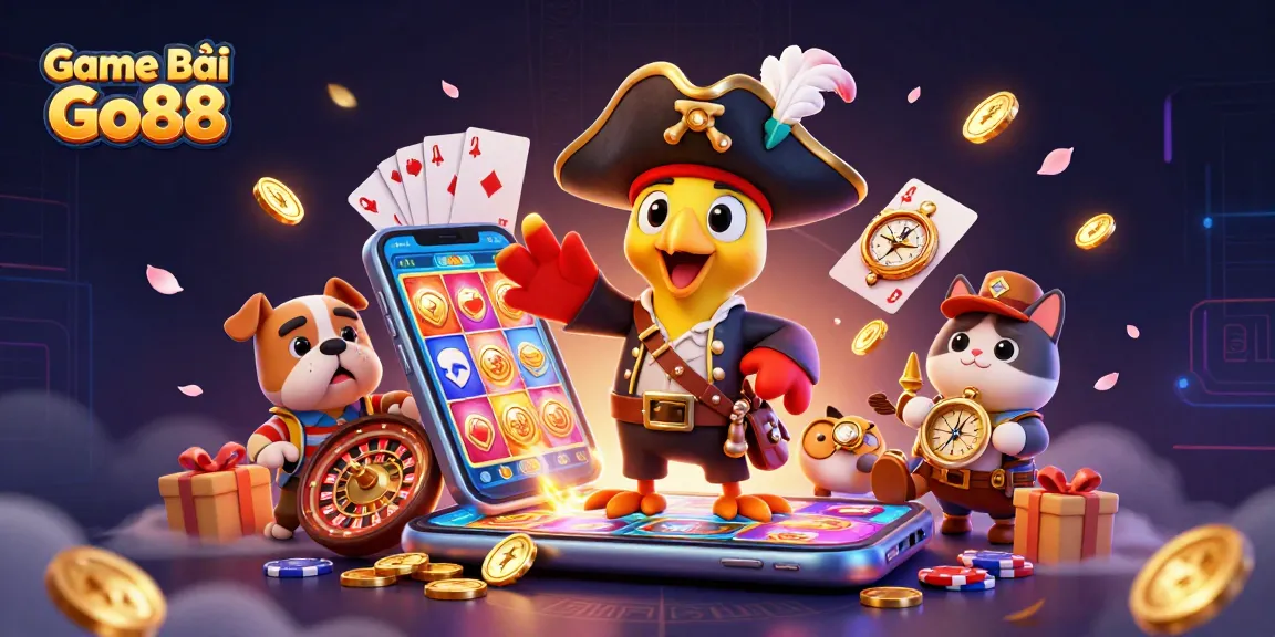 Play exciting games with Game Bài Go88, featuring vibrant casino elements and characters in action.