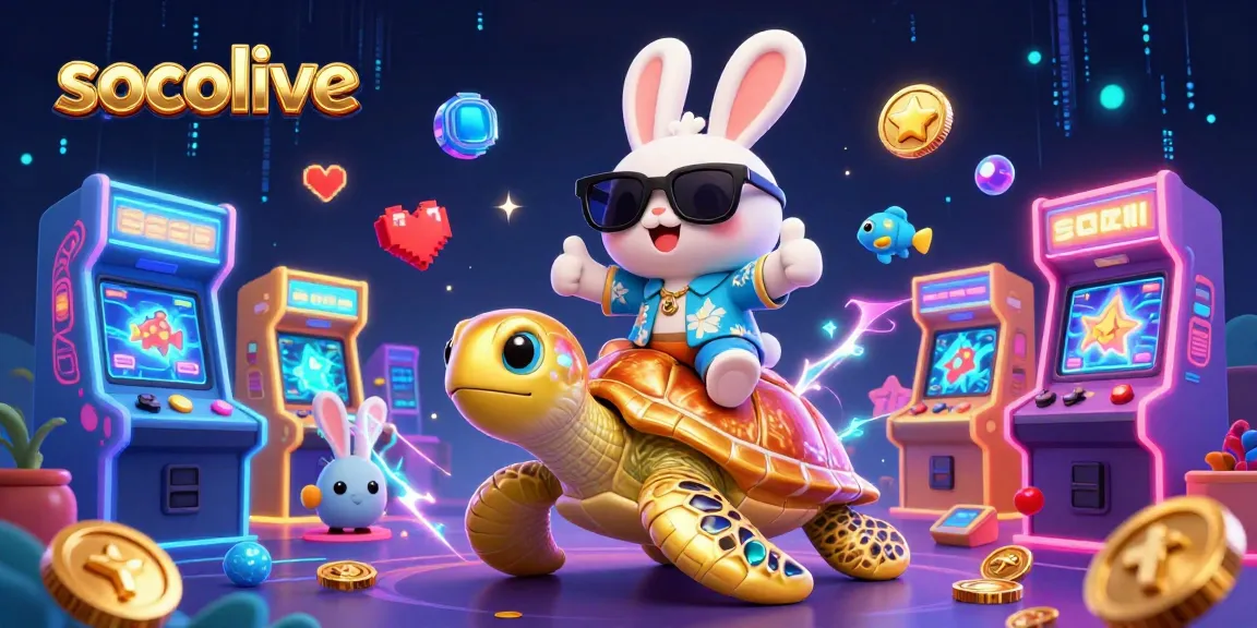 Socolive cartoon scene featuring a lucky rabbit and turtle amidst vibrant casino elements