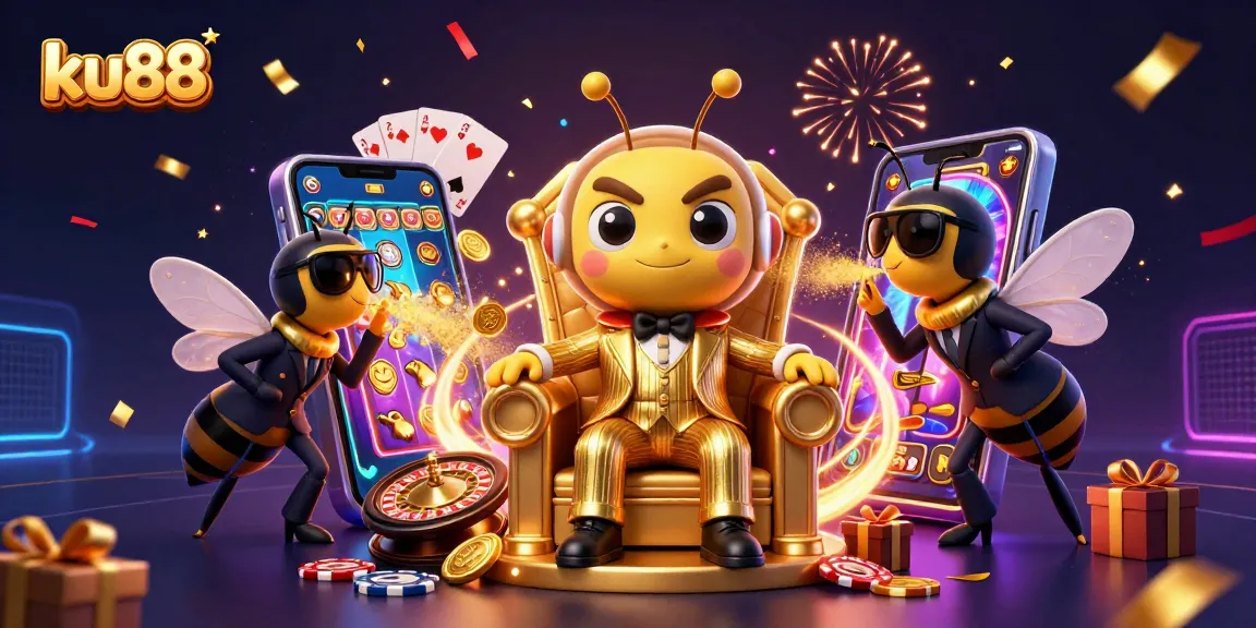Win big with ku88 in this vibrant 3D casino scene showcasing colorful slots and animated gameplay.