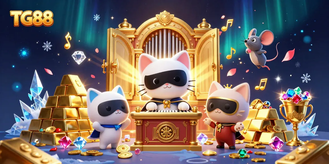 Experience thrilling games at TG88 with a whimsical casino-themed illustration packed with riches and fun.