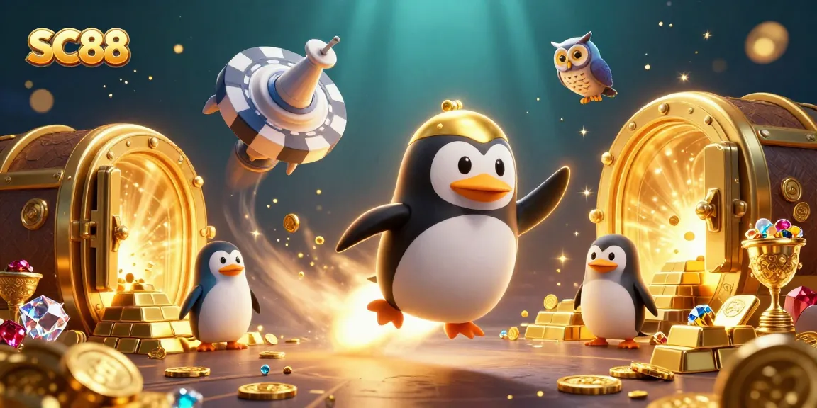 Catch thrilling SC88 action with a golden penguin soaring toward a vibrant casino station.