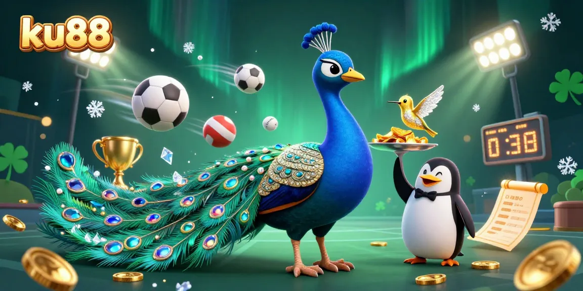Engage with ku88 experiences showcasing the animated peacock and penguin in a dynamic sports betting atmosphere.