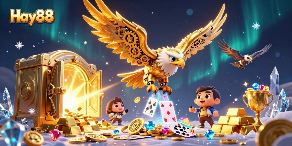 Experience the thrill at Hay88 with a golden eagle diving through holographic cards, surrounded by treasures.