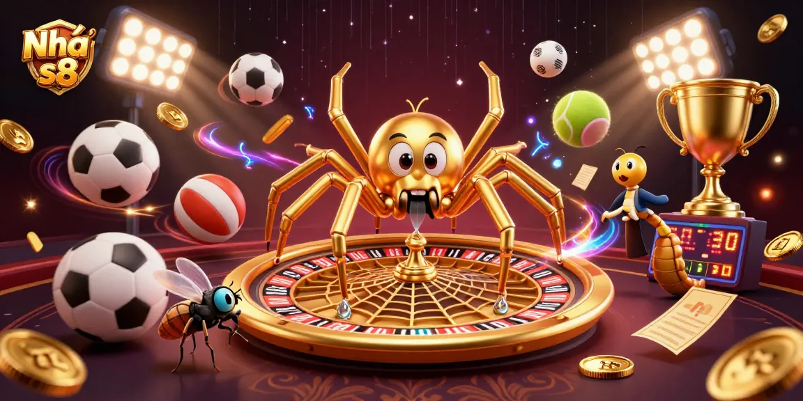 Engage with Nhà cái s8 as a whimsical spider spins a golden roulette web surrounded by thrilling sports action.