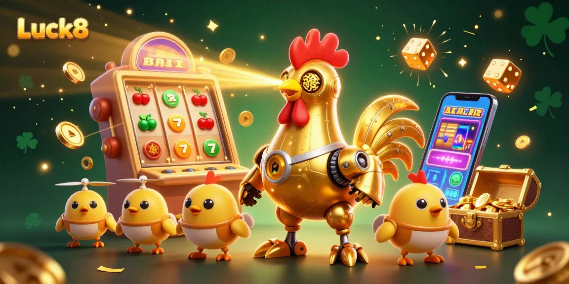 Luck8 brings excitement with a golden rooster robot and slot machine, creating engaging casino fun.