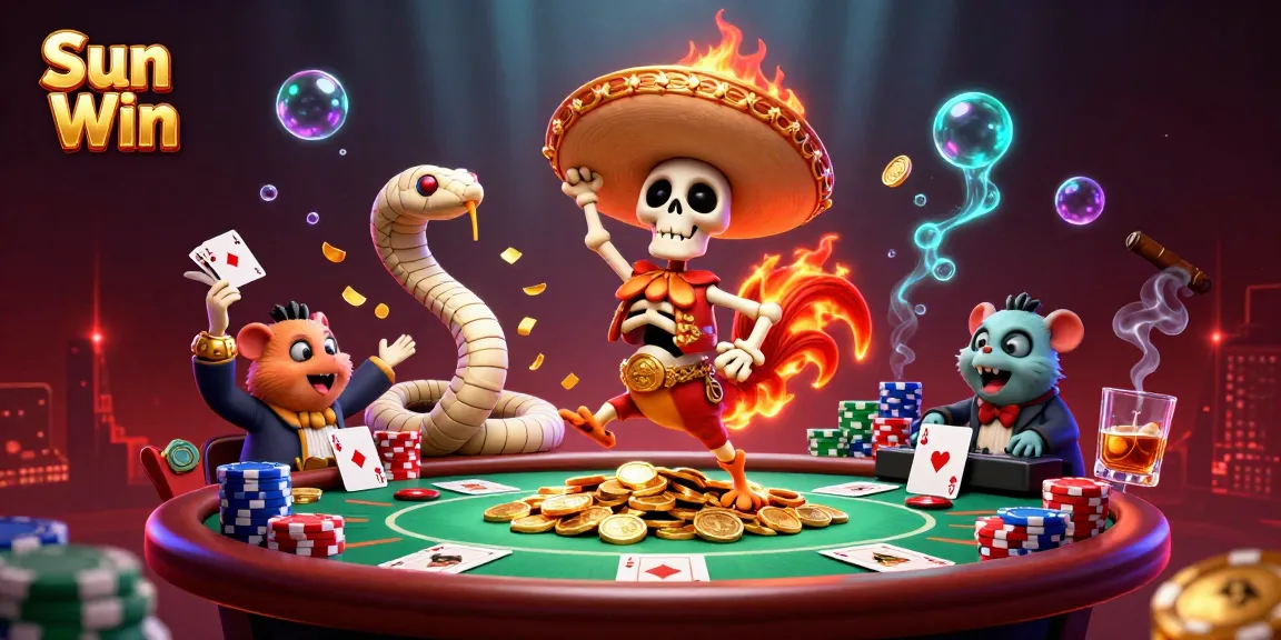 Experience Sun Win with a vibrant casino scene featuring characters dancing among poker chips and cards.