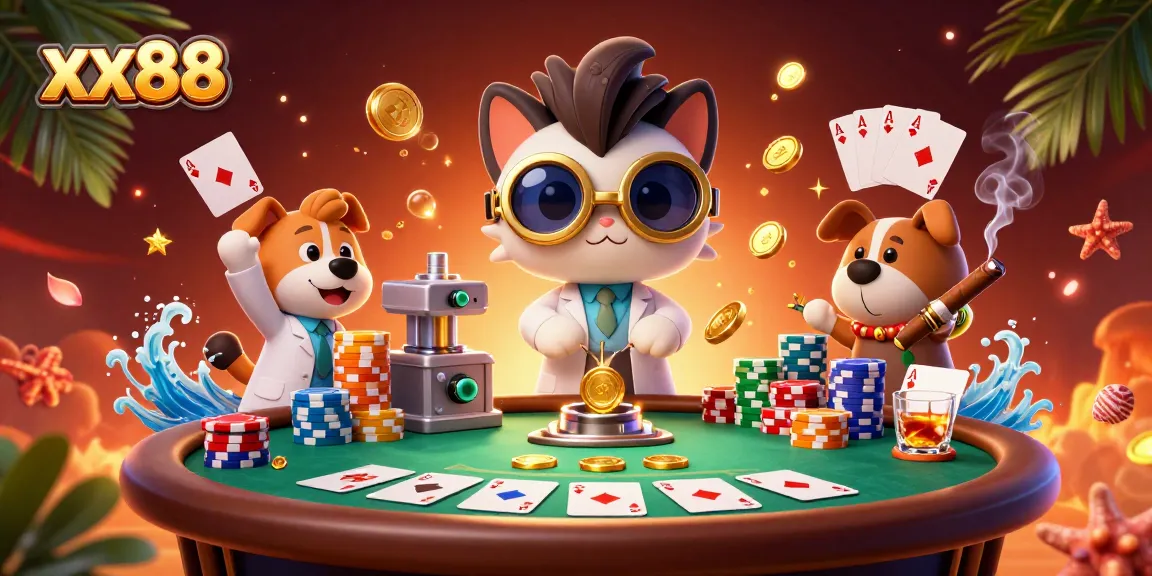 Experience the vibrant world of xx88 with a mad scientist cat creating a gold-coin machine amid poker excitement.