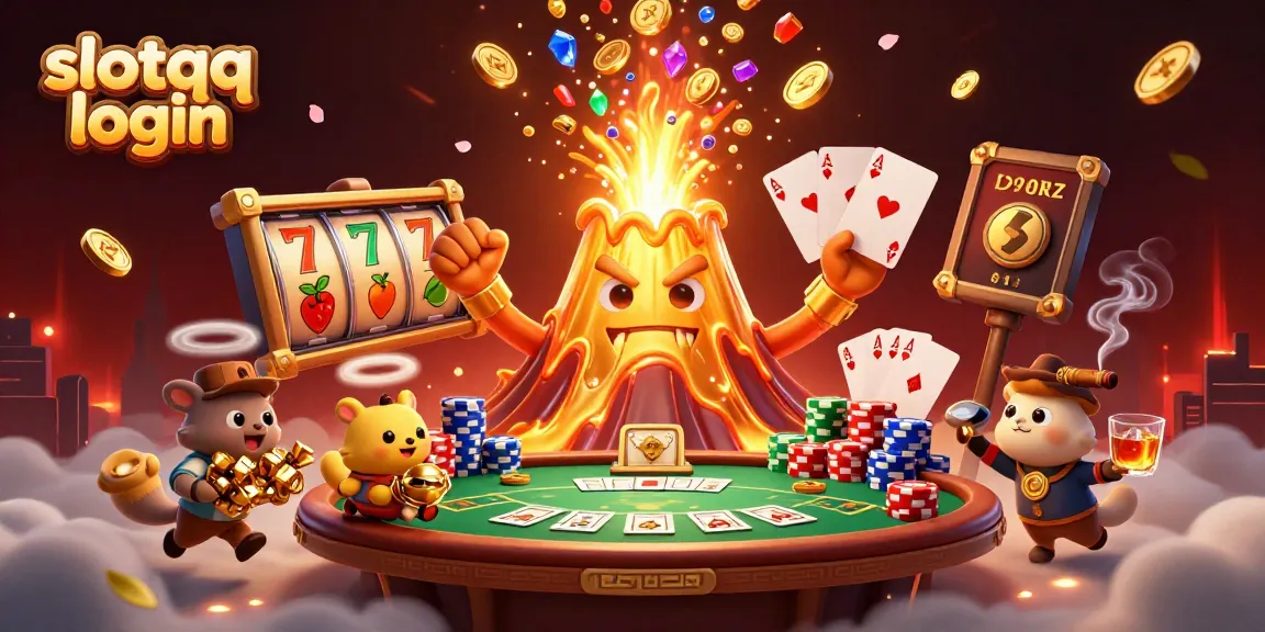 Engage with exciting gameplay at slotqq login, where golden treasures erupt from a volcano amidst thrilling casino elements.