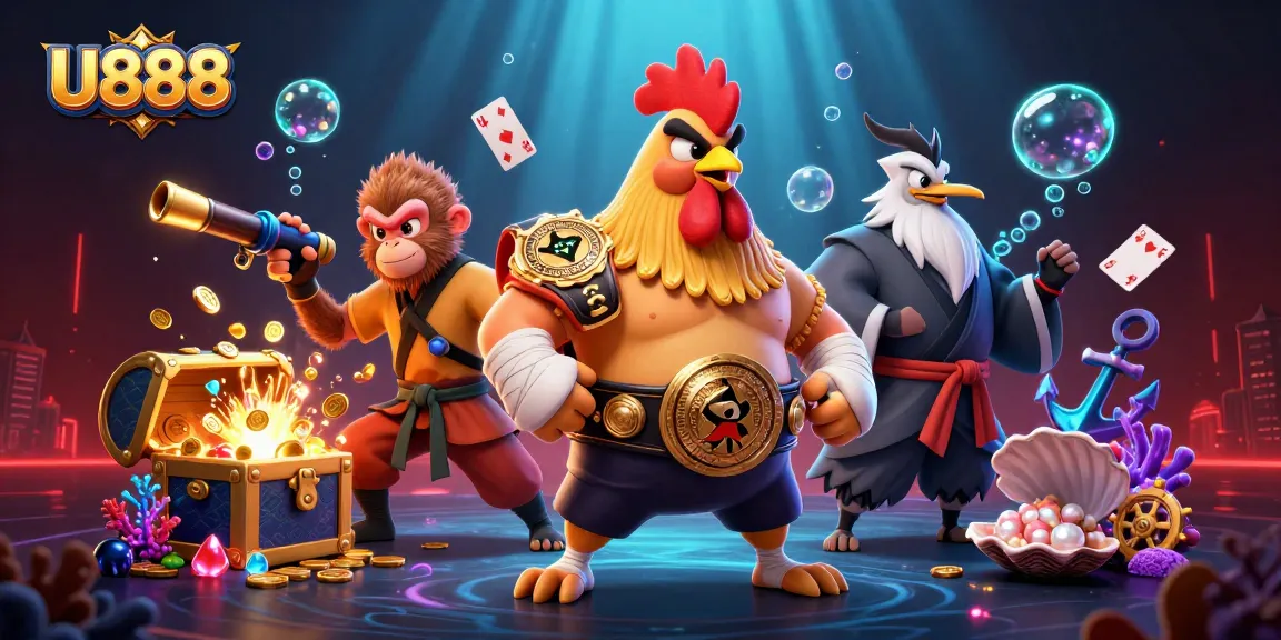 Engage with U888's vibrant casino experience featuring unique characters and treasures amidst thrilling game elements.