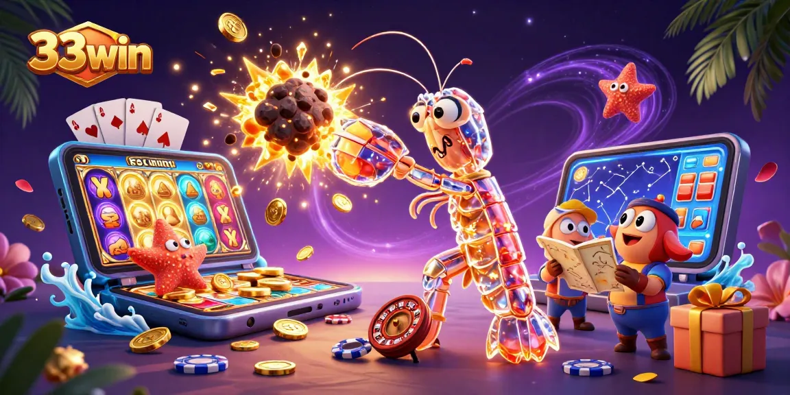 33win features a galactic samurai mantis shrimp in an action-packed casino scene bursting with gems.