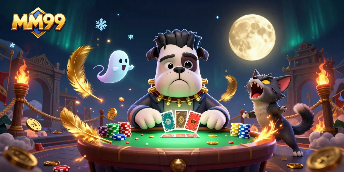 MM99 players engage at a spooky gaming table, featuring unique 3D characters and vibrant casino elements.