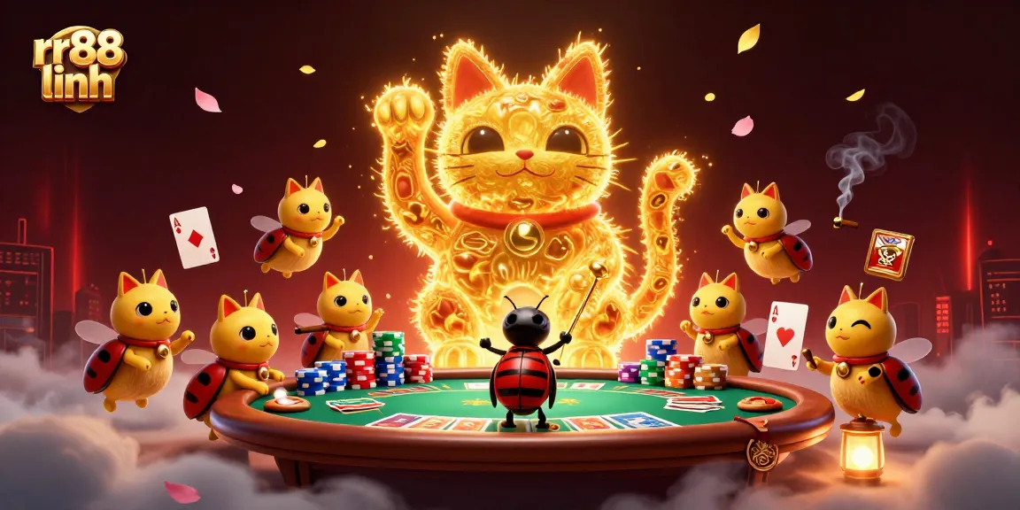 Spin and win with rr88 linh in this vibrant online casino scene featuring a lucky cat.