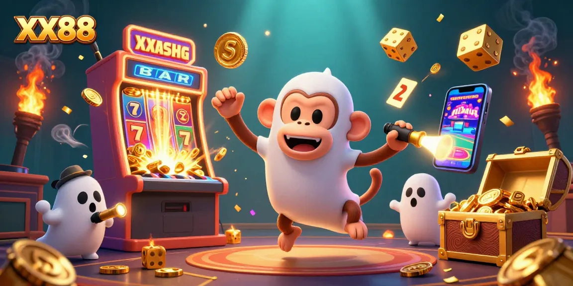 Experience the thrill of XX88 casino with a playful ghost-hunter puppy tracking a mischievous monkey juggling golden gaming treasures.