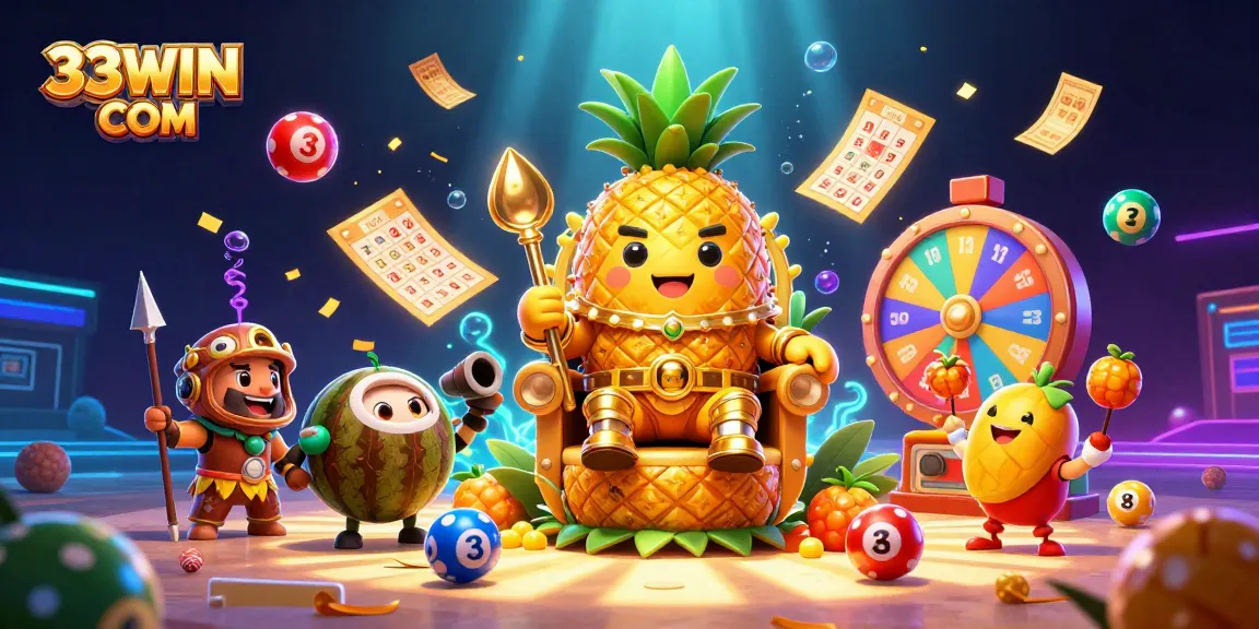 Join the fun at 33WIN COM, where the golden pineapple king rules the vibrant casino scene.
