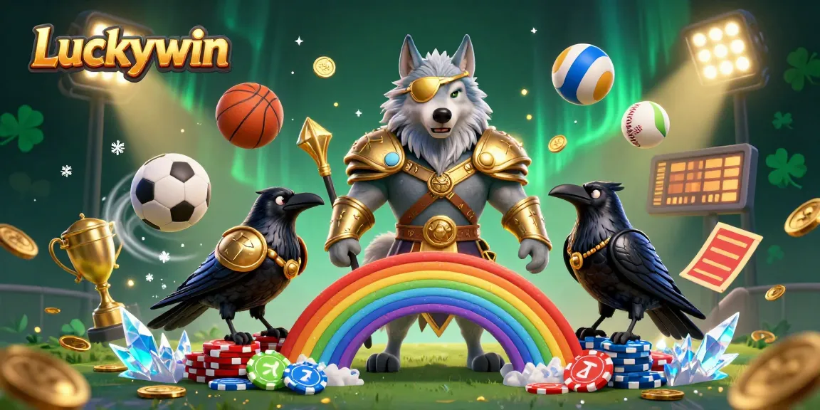 Experience Luckywin's thrilling casino adventure with Odin and his ravens on a vibrant casino chip bridge.