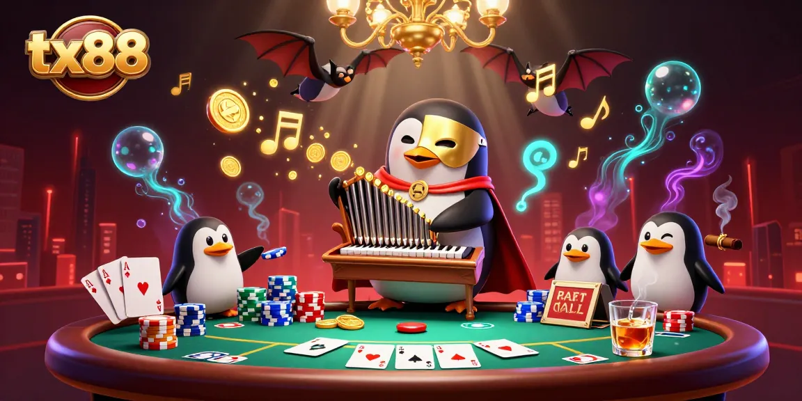 Experience the glamorous effects of tx88 with a fantasy scene of a penguin playing a golden organ, surrounded by poker elements.