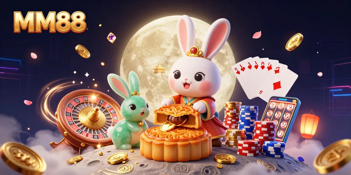 Experience the excitement of MM88 with a vibrant moon rabbit scene surrounded by casino elements.