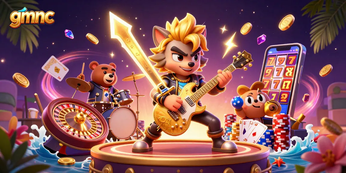 Experience the electrifying world of gmnc as a cartoon wolf rocks out with a golden guitar on a vibrant casino stage.