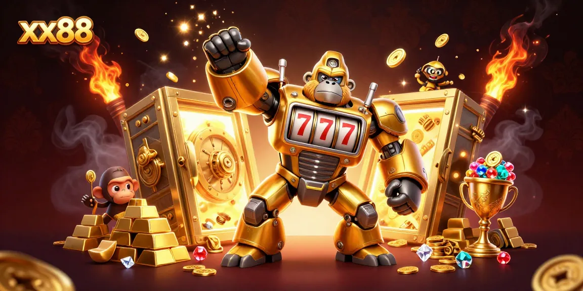 Win big at xx88 with an explosive scene featuring a golden gorilla mech and treasures!