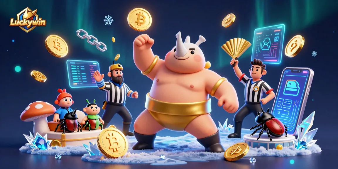 Luckywin's thrilling casino experience with a sumo beetle champion, flying coins, and crypto elements.