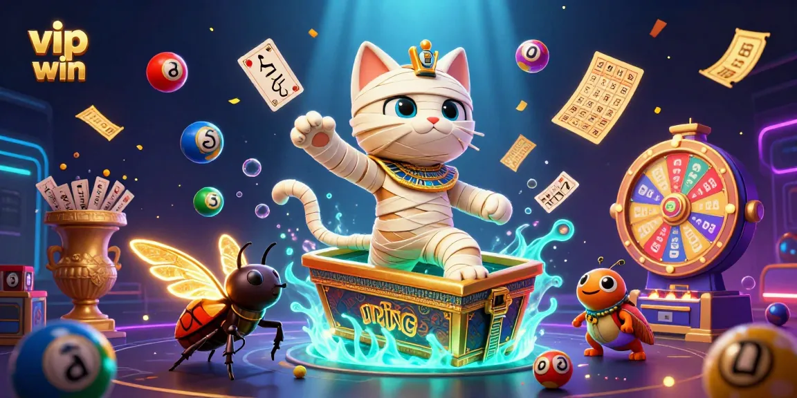 Experience the excitement of vip win with a vibrant 3D illustration of a mummy cat and golden elements.