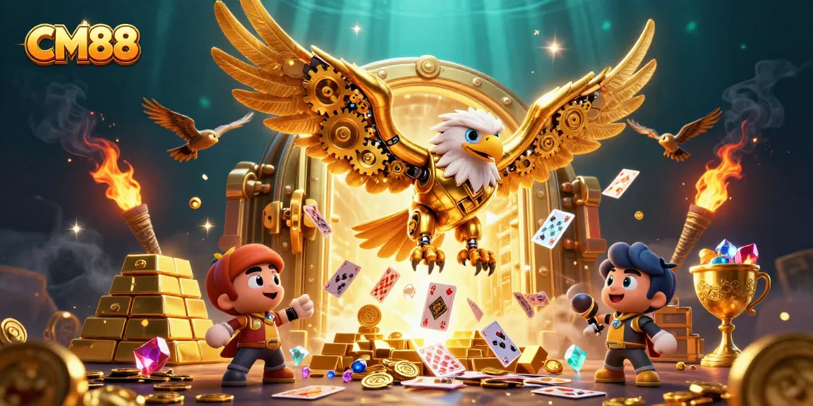 Experience CM88's dynamic gambling world as a golden eagle navigates through holographic cards and treasures.