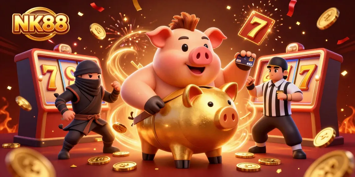 Engage with exciting NK88 casino gameplay as characters celebrate winnings amidst vibrant slot elements.