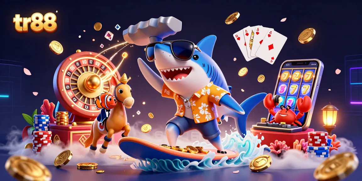 Surfing with tr88's vibrant casino action featuring gold coins and fun aquatic characters.