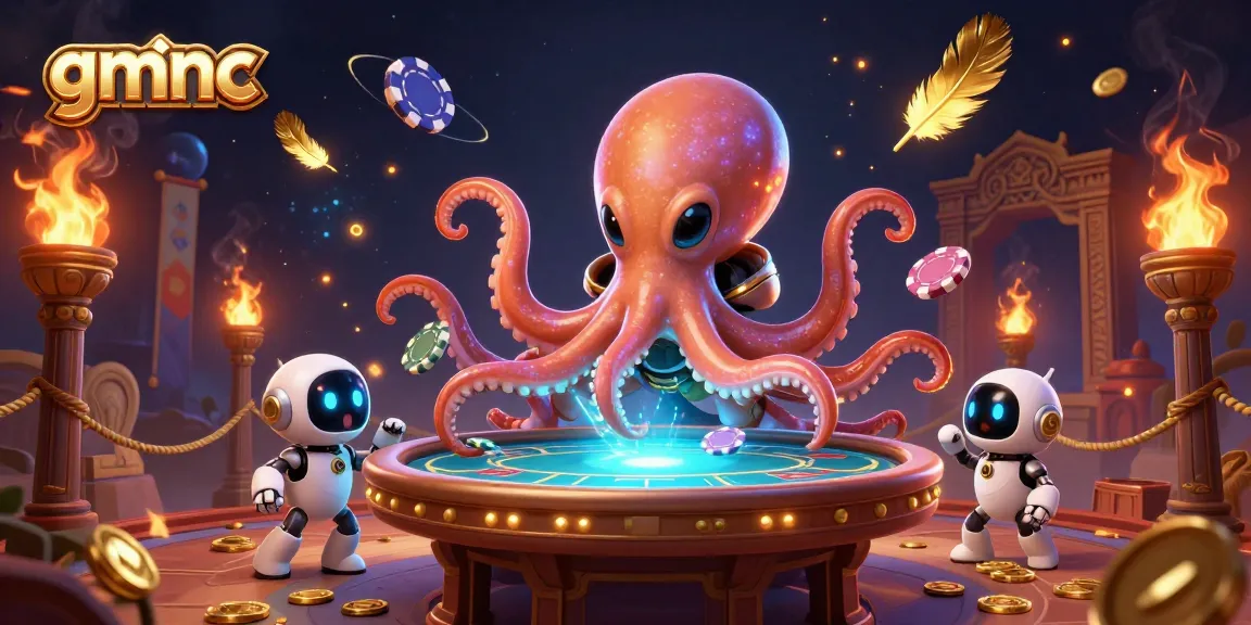 gmnc alien octopus engages at a holographic poker table, surrounded by vibrant casino elements