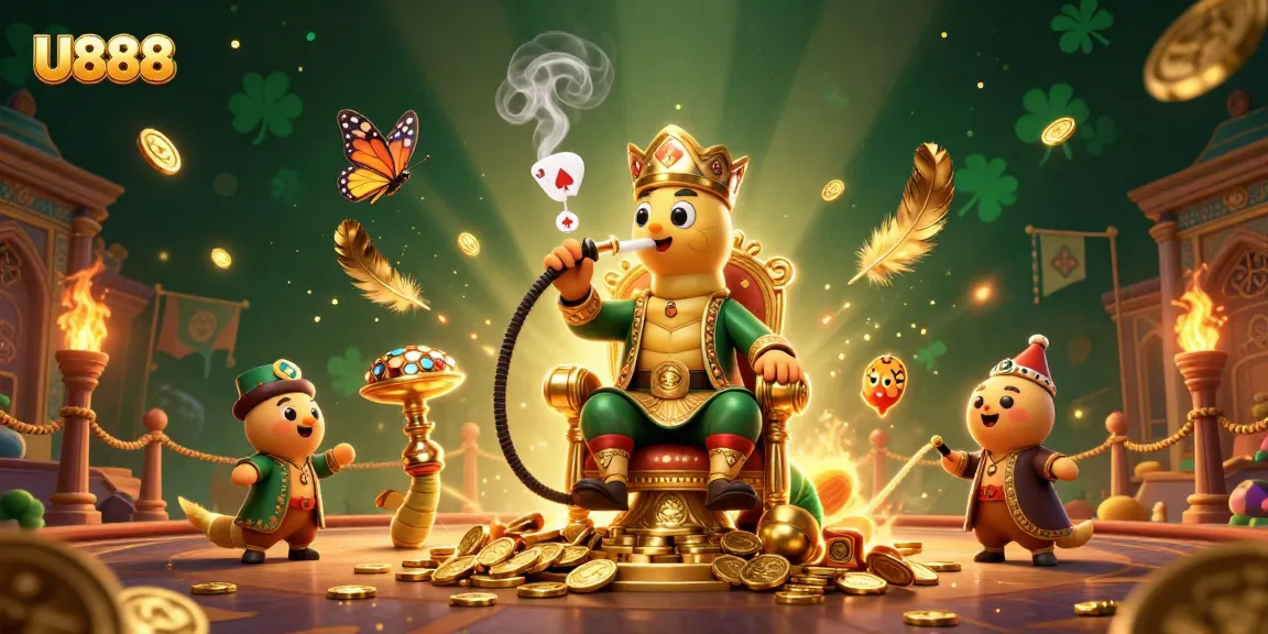 Experience U888's vibrant casino world with a whimsical caterpillar amidst golden treasures.