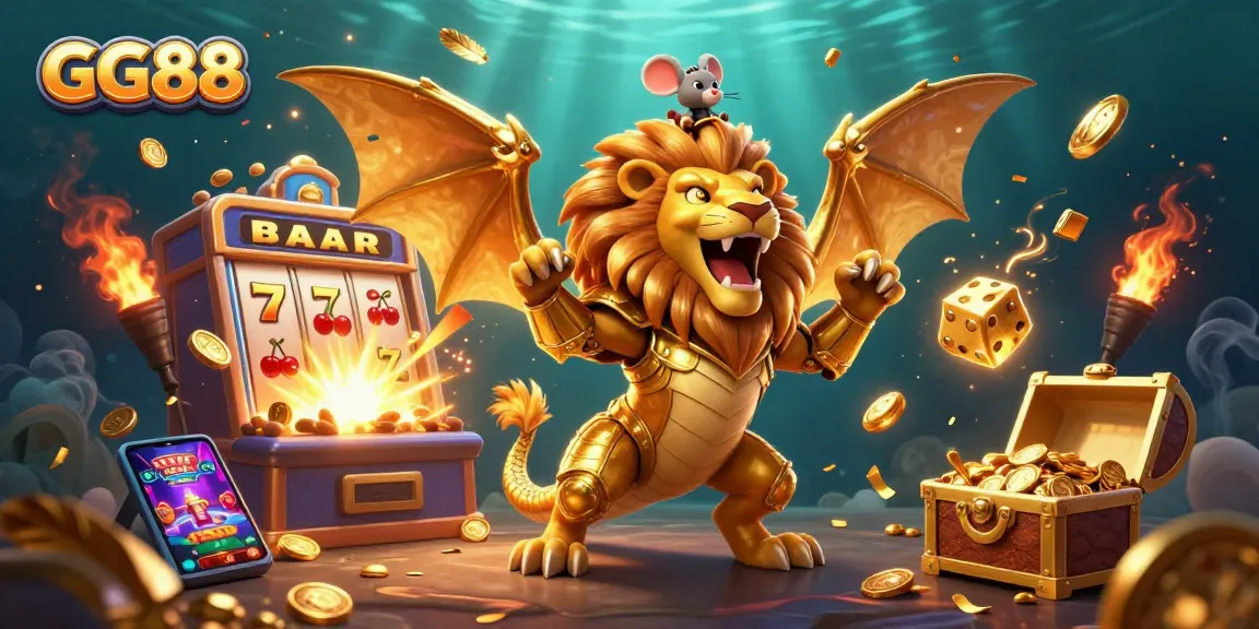 Win big with GG88 at this vibrant casino scene featuring a golden chimera and slot machine.