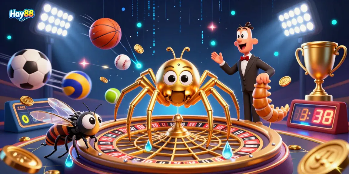 Experience Hay88 excitement as a golden spider spins a roulette wheel web while betting flies and a centipede croupier engage in thrilling activities.